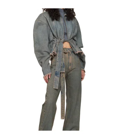 Jade Cropper Oversized Belted Denim Jacket In Gray