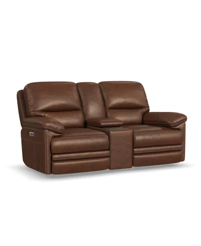 Flexsteel David 78" Pecan Leather Power Reclining Loveseat With Console