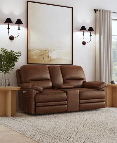 Flexsteel David 78" Pecan Leather Power Reclining Loveseat With Console