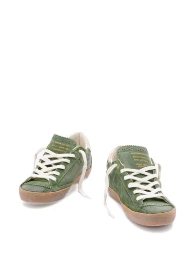 Golden Goose Super-star Distressed Suede And Metallic Leather Trainers In Green