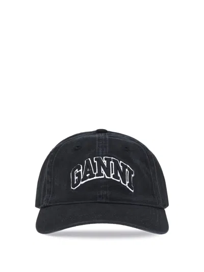 Ganni Womens Black Brand-embroidered Cotton-canvas Cap In Black