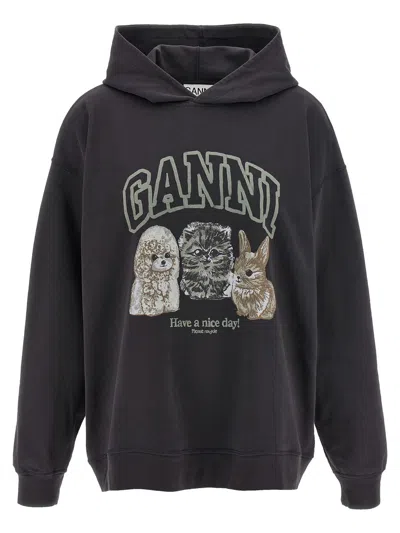 Ganni Hoodie With Logo Print In Black