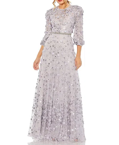 Mac Duggal Floral Applique Puff Sleeve High Neck A-line Gown In Silver