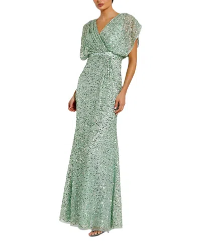 Mac Duggal Draped Sleeves Ruched Waist Detail V-neck Gown In Green
