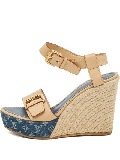 Pre-owned Louis Vuitton 120mm Denim Wedge Sandals