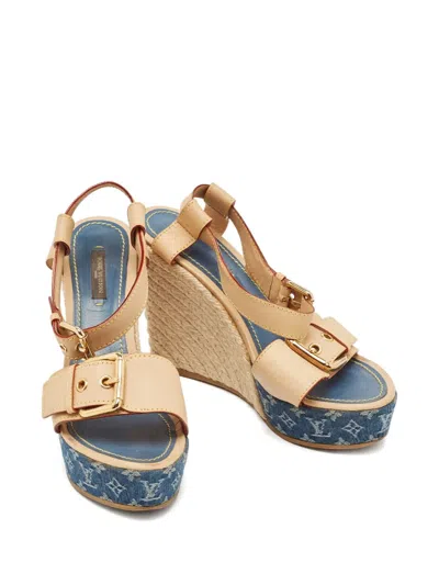 Pre-owned Louis Vuitton 120mm Denim Wedge Sandals