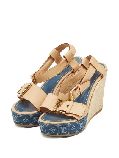 Pre-owned Louis Vuitton 120mm Denim Wedge Sandals