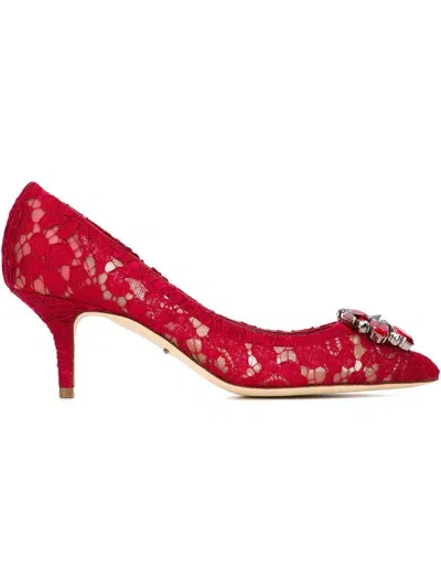 Dolce & Gabbana Bellucci 60 Brooch Embellished Lace Pumps In Red
