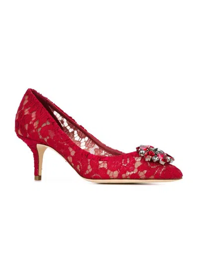 Dolce & Gabbana Bellucci 60 Brooch Embellished Lace Pumps In Red