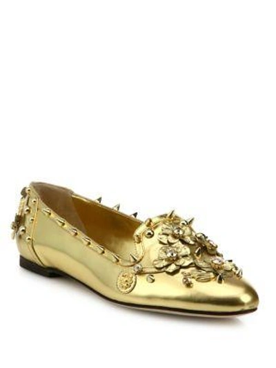Shop Dolce & Gabbana Studded Metallic Leather Loafers In Silver