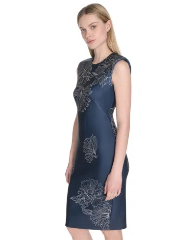 Calvin Klein Petite Sleeveless Scuba Sheath Dress In Blue