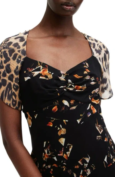Allsaints Womens Kateri Black Lea Floral-print Short-sleeve Woven Midi Dress