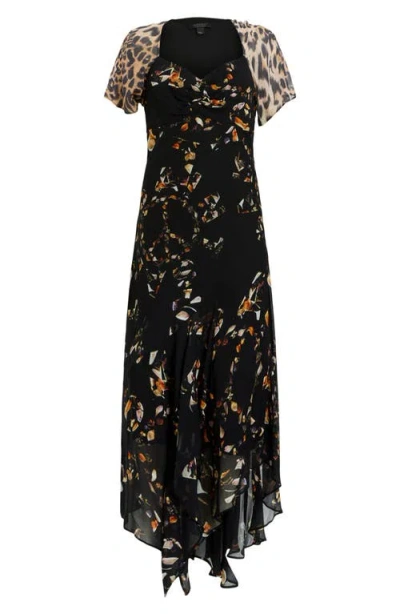 Allsaints Womens Kateri Black Lea Floral-print Short-sleeve Woven Midi Dress