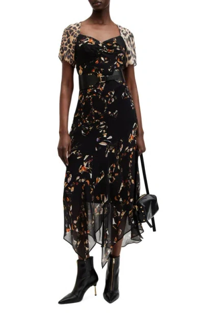 Allsaints Womens Kateri Black Lea Floral-print Short-sleeve Woven Midi Dress