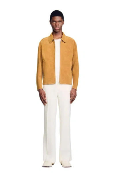 Sandro Leather Zip Front Jacket In Yellow