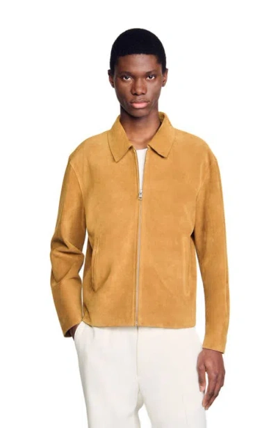Sandro Leather Zip Front Jacket In Yellow