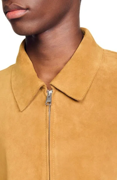 Sandro Leather Zip Front Jacket In Yellow