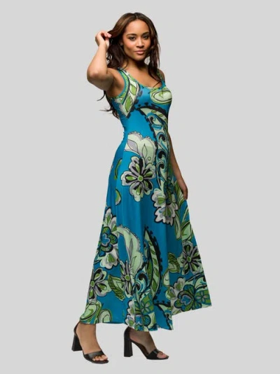 24seven Comfort Apparel Maternity Blue Paisley Print Scoop Neck A-line Sleeveless Maxi Dress In Multi