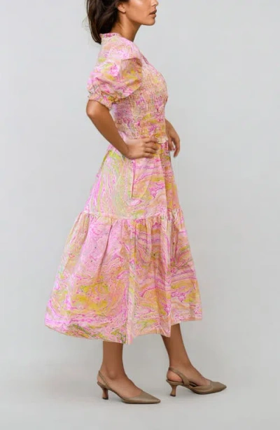 Jessie Zhao New York Astrid Marble Smocked Midi Dress In Pink