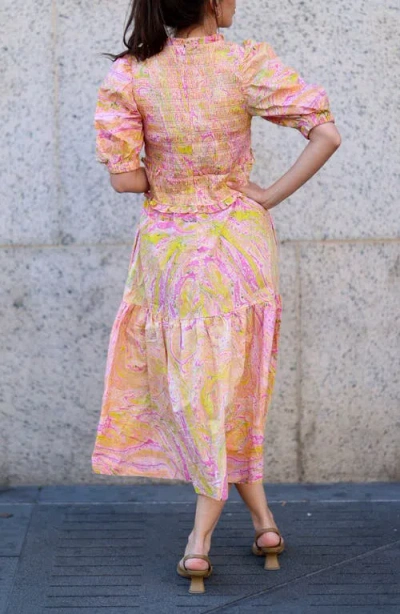 Jessie Zhao New York Astrid Marble Smocked Midi Dress In Pink