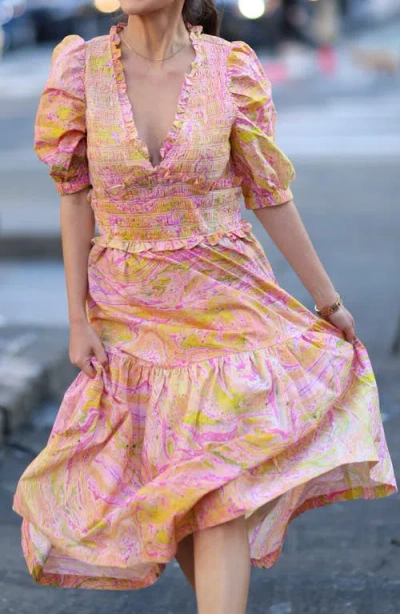 Jessie Zhao New York Astrid Marble Smocked Midi Dress In Pink