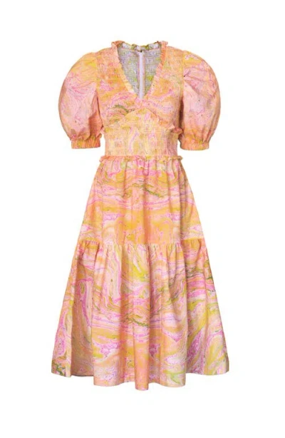 Jessie Zhao New York Astrid Marble Smocked Midi Dress In Pink