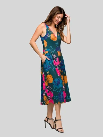 24seven Comfort Apparel Plus Size Midi Length Print Sleeveless Pleated Pocket Dress In Blue
