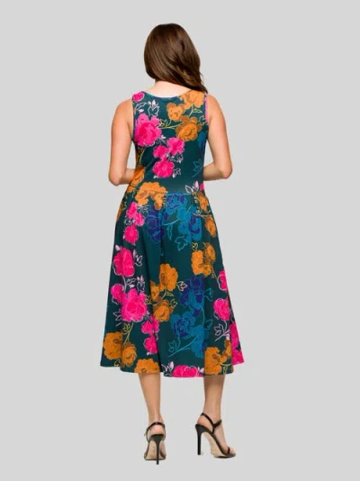 24seven Comfort Apparel Plus Size Midi Length Print Sleeveless Pleated Pocket Dress In Blue