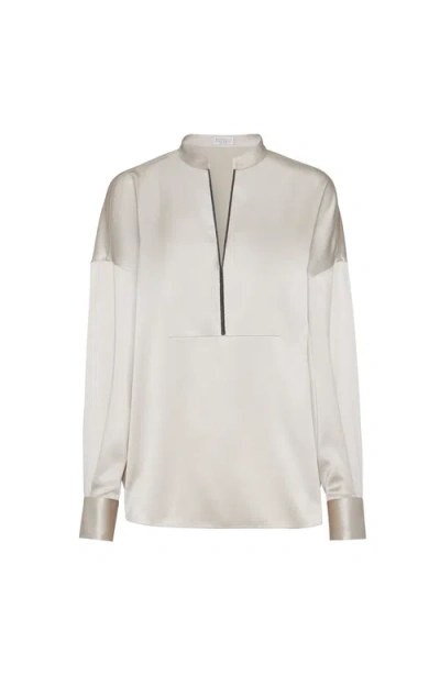 Brunello Cucinelli Stretch Silk Satin Blouse In White
