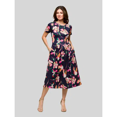 24seven Comfort Apparel Maternity Navy Floral Short Sleeve Pleated Flare Midi Pocket Dress In Multi