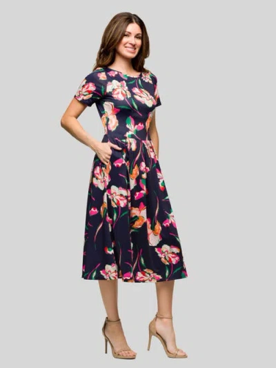 24seven Comfort Apparel Maternity Navy Floral Short Sleeve Pleated Flare Midi Pocket Dress In Multi