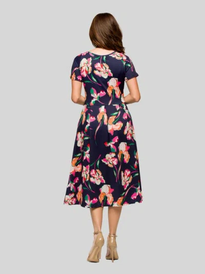 24seven Comfort Apparel Maternity Navy Floral Short Sleeve Pleated Flare Midi Pocket Dress In Multi