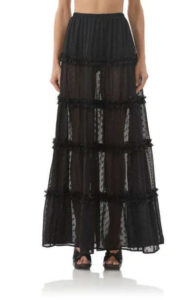 Afrm Sabina Clip Dot Tiered Maxi Skirt In Black