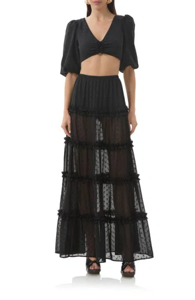 Afrm Sabina Clip Dot Tiered Maxi Skirt In Black