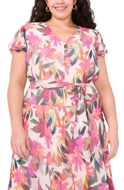 Vince Camuto Floral Flutter Sleeve Chiffon Maxi Dress In Pink