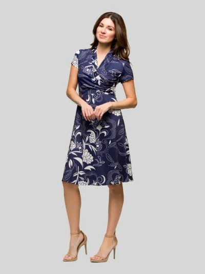 24seven Comfort Apparel Maternity Navy Print Short Sleeve Knee Length V-neck Wrap Dress In Blue