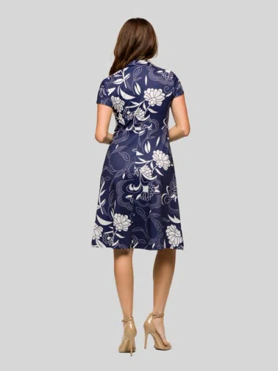 24seven Comfort Apparel Maternity Navy Print Short Sleeve Knee Length V-neck Wrap Dress In Blue