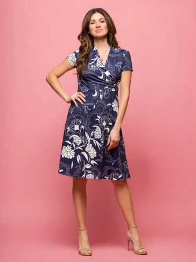 24seven Comfort Apparel Maternity Navy Print Short Sleeve Knee Length V-neck Wrap Dress In Blue
