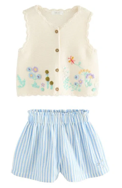 Next Kids' Floral Appliqué Vest & Stripe Shorts Set In Neutral