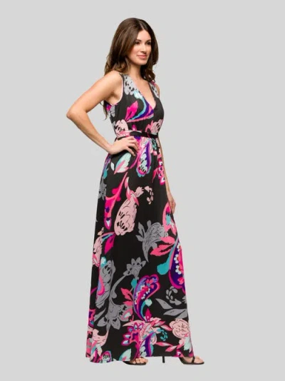 24seven Comfort Apparel Black And Pink Print V-neck Empire Waist Sleeveless Maxi Dress In Multi