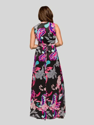 24seven Comfort Apparel Black And Pink Print V-neck Empire Waist Sleeveless Maxi Dress In Multi