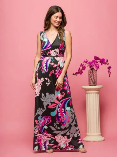 24seven Comfort Apparel Black And Pink Print V-neck Empire Waist Sleeveless Maxi Dress In Multi