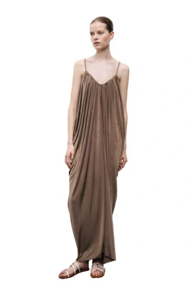 Nocturne Draped Detailed Flowy Maxi Dress In Brown