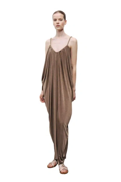 Nocturne Draped Detailed Flowy Maxi Dress In Brown
