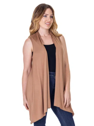 24seven Comfort Apparel Draped Open Front Sleeveless Cardigan Vest In Brown