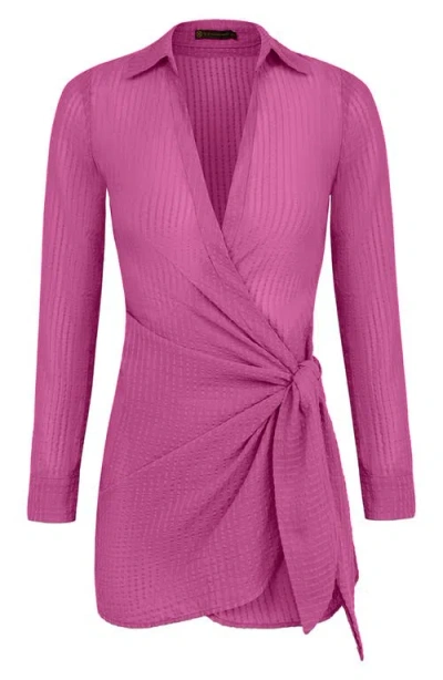 Vix Paula Hermanny Lia Long Sleeve Cotton Seersucker Cover-up Wrap Dress In Pink