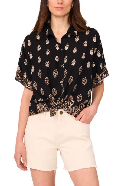 Vince Camuto Print Twist Hem Short Sleeve Button-up Shirt In Black