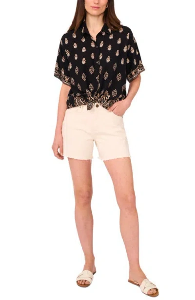 Vince Camuto Print Twist Hem Short Sleeve Button-up Shirt In Black