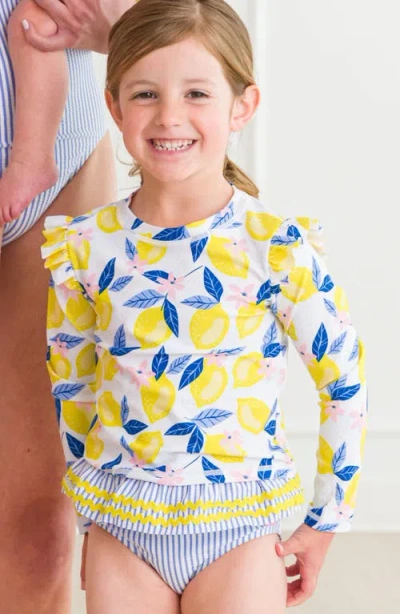 Rufflebutts Lemon Capri Ruffle Long Sleeve Two-piece Rashguard Swimsuit In Multi