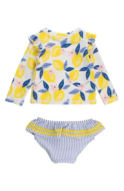 Rufflebutts Lemon Capri Ruffle Long Sleeve Two-piece Rashguard Swimsuit In Multi